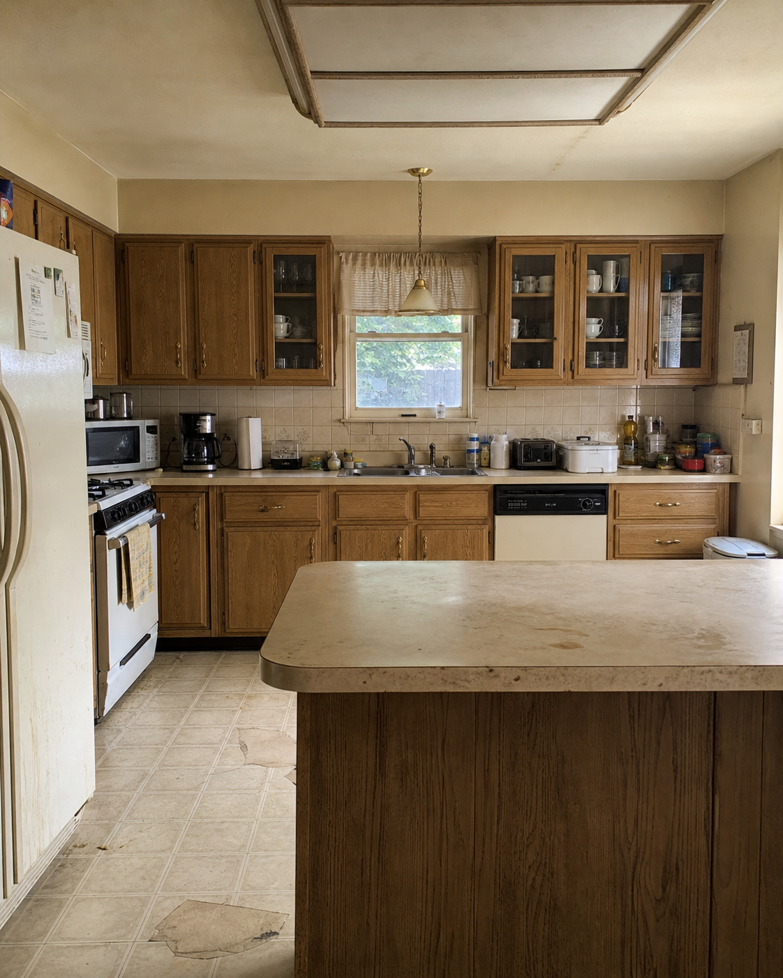 Before: tired 1990s suburban kitchen Lexington MA, ready for cabinet & countertop redesign
