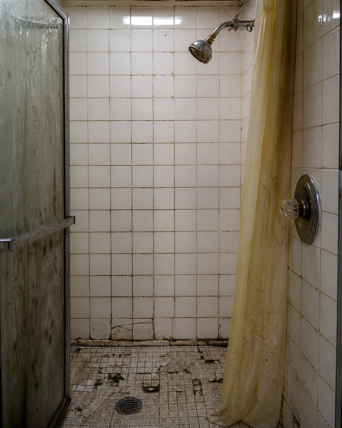 Before: old neglected ceramic-tile shower Weston MA, ready for premium stone & masonry transformation