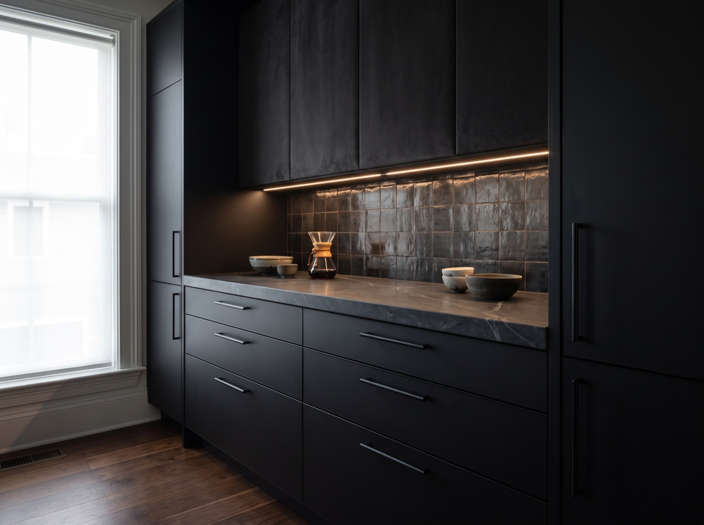 Brookline Matte Black slab kitchen cabinets in matte black lacquer with blackened steel pulls and a honed soapstone countertop