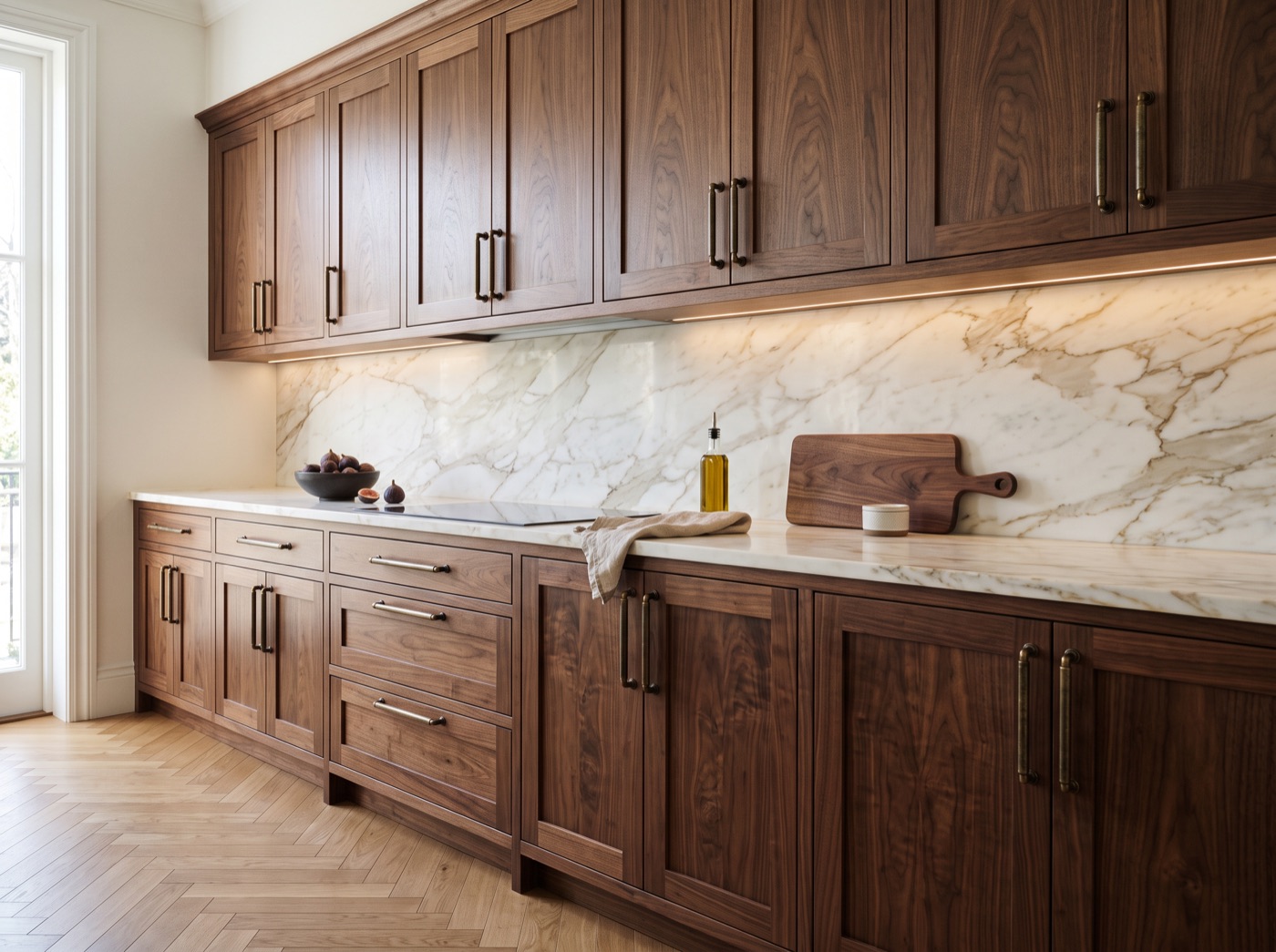 Concord Walnut Estate shaker kitchen cabinets in solid American walnut with aged bronze pulls and a Calacatta Gold marble countertop