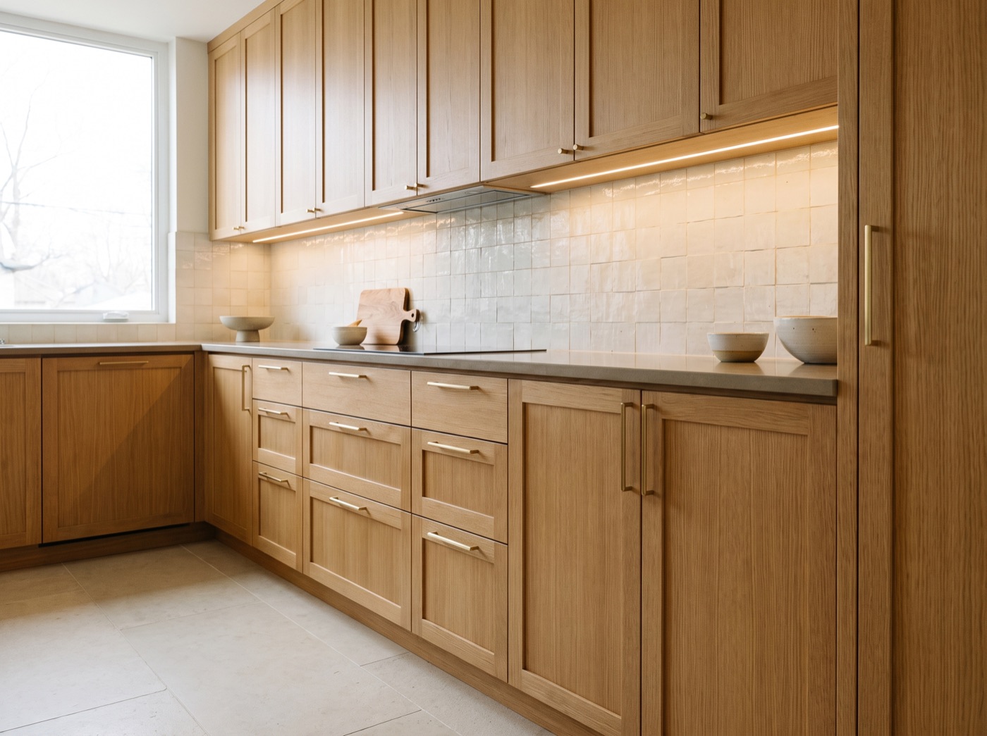 Lexington White Oak shaker kitchen cabinets in natural rift-sawn white oak with brass pulls and a greige quartz countertop