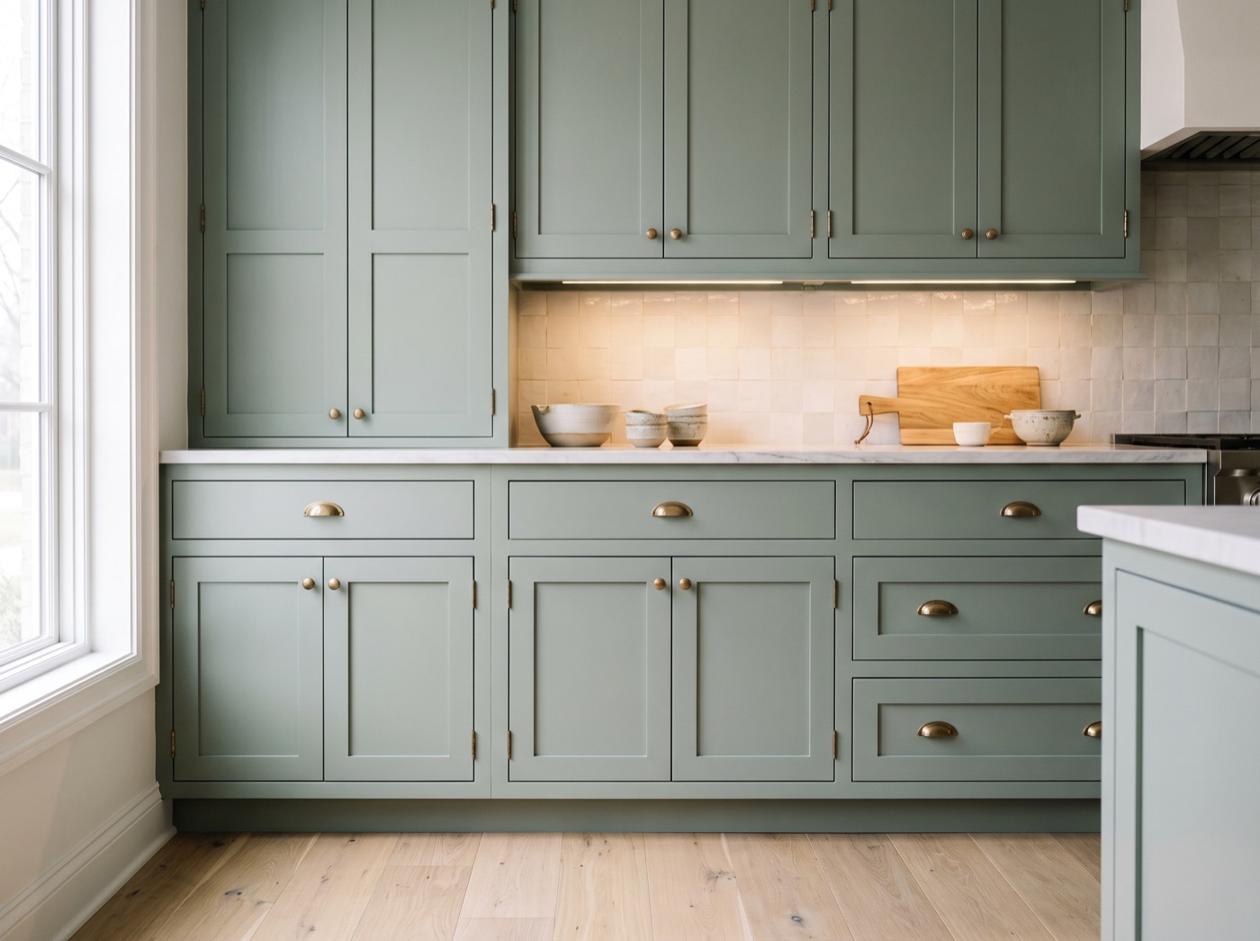 Newton Sage inset shaker kitchen cabinets in sage green painted maple with aged brass cup pulls and a quartzite countertop