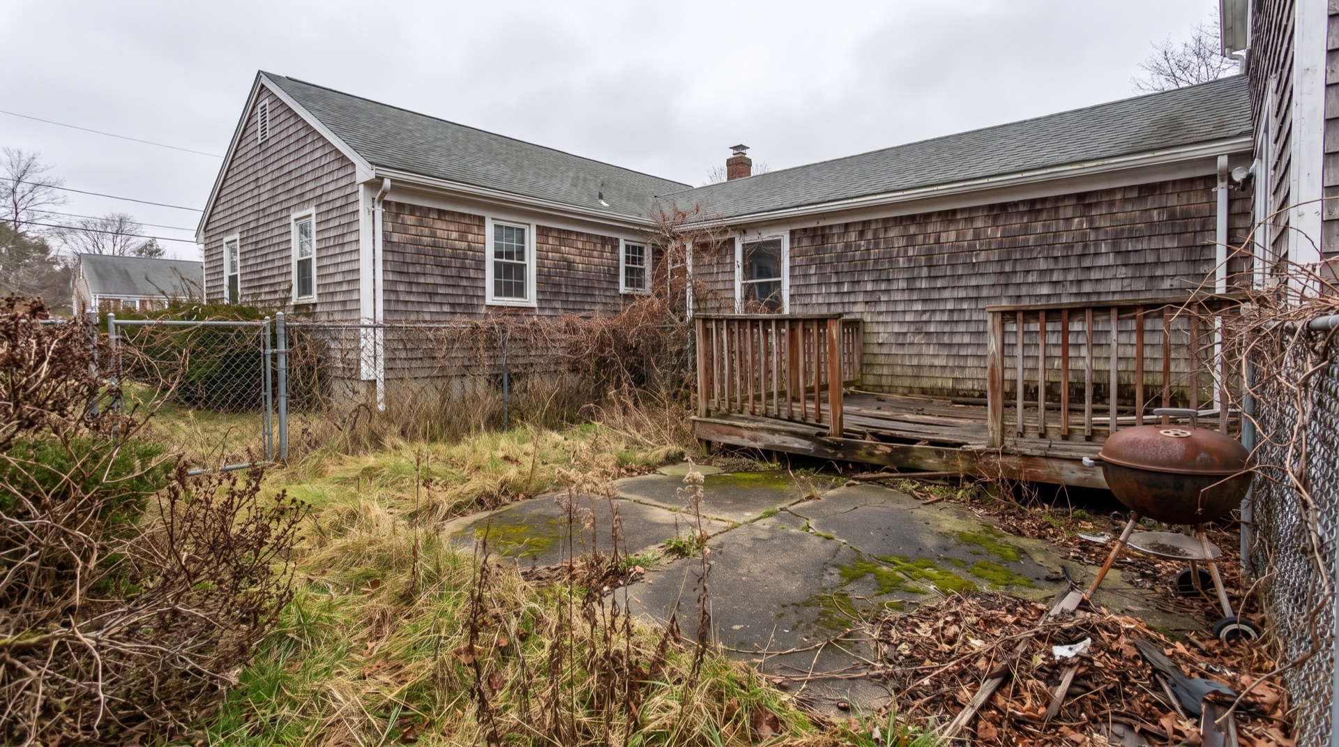 Before: neglected backyard Brookline MA, ready for outdoor living transformation