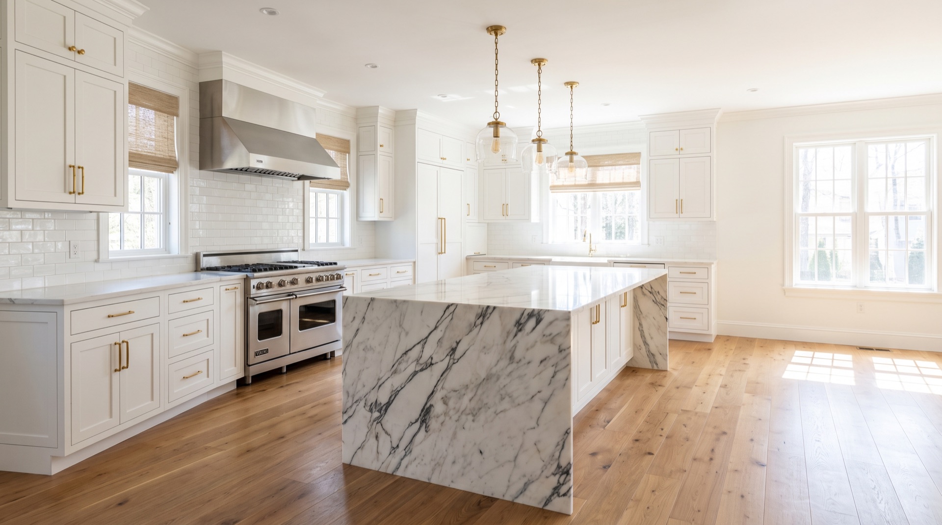 After: custom white shaker kitchen Calacatta marble Lexington MA