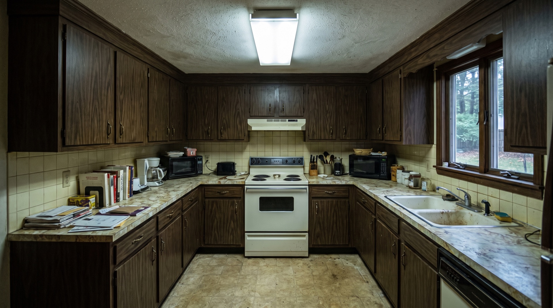 Before: tired 1990s suburban kitchen Lexington MA, ready for cabinet & countertop redesign