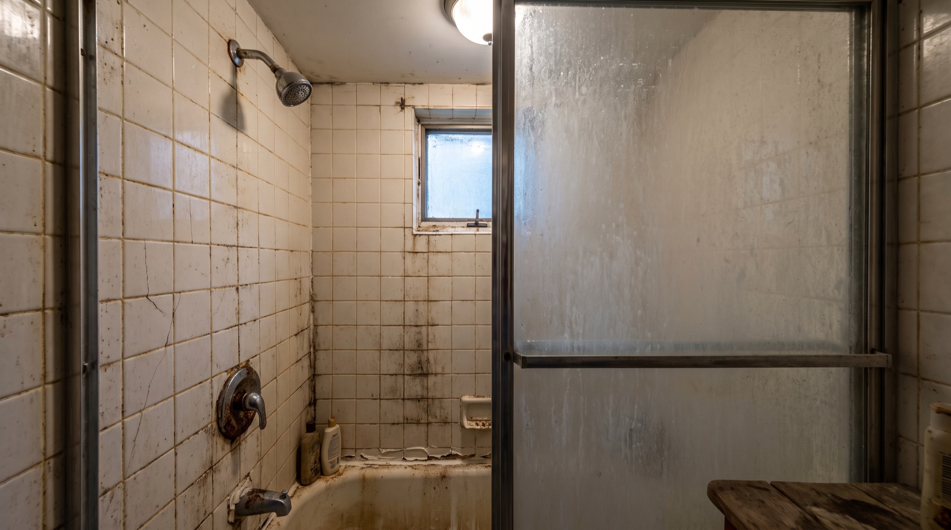 Before: old neglected ceramic-tile shower Weston MA, ready for premium stone & masonry transformation