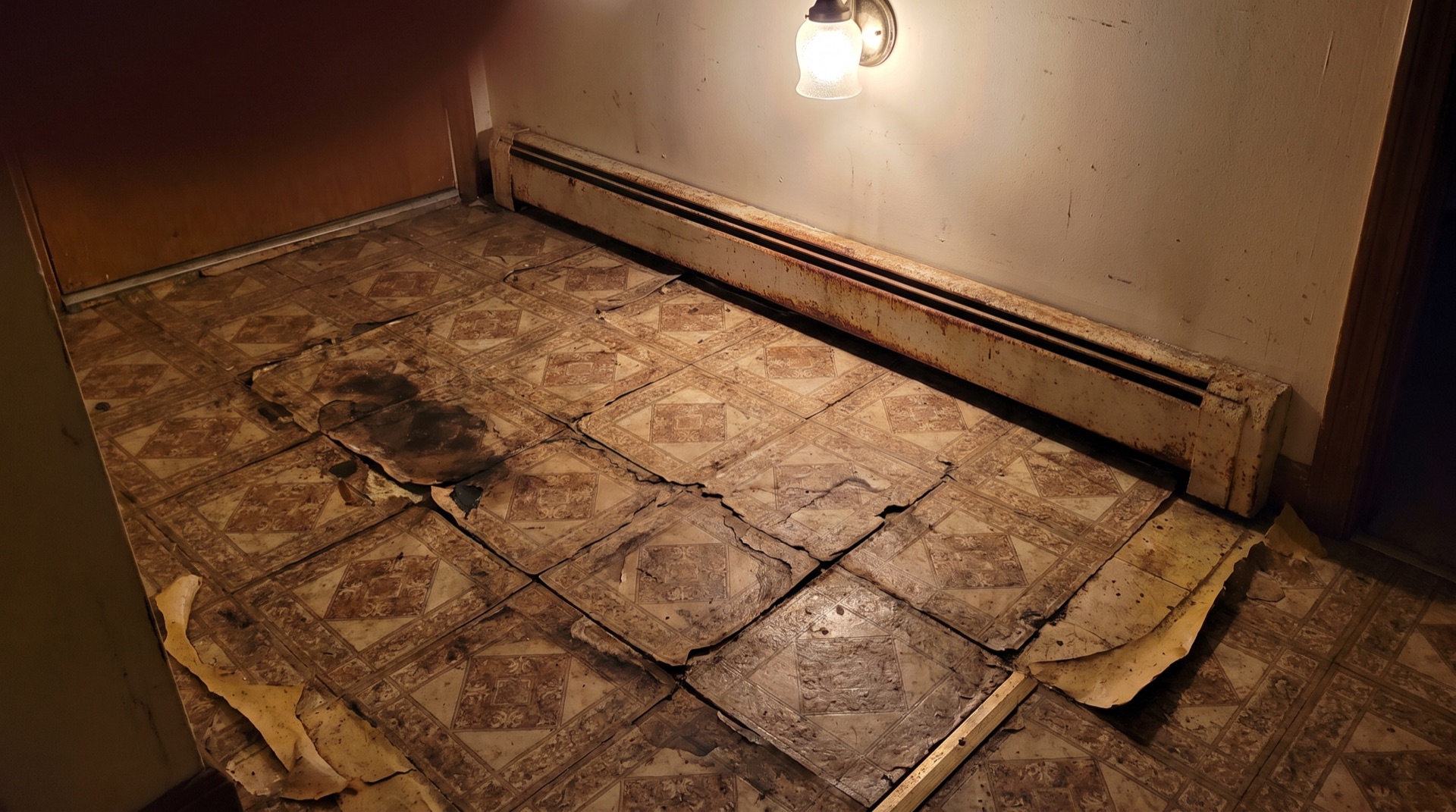 Before: cracked old tile floor Winchester MA, ready for premium stone transformation